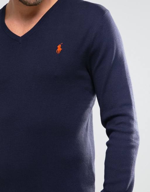 Polo Ralph Lauren jumper with v-neck in slim fit navy | ASOS