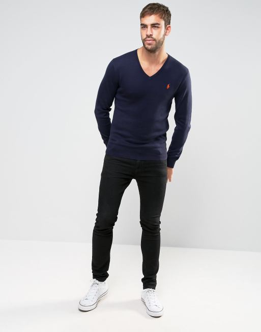 Polo Ralph Lauren jumper with v-neck in slim fit navy | ASOS