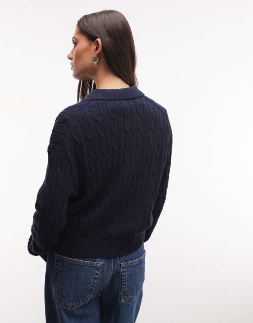 Polo Ralph Lauren kabelstickad kofta i rak passform i marinblått, 3 av 4