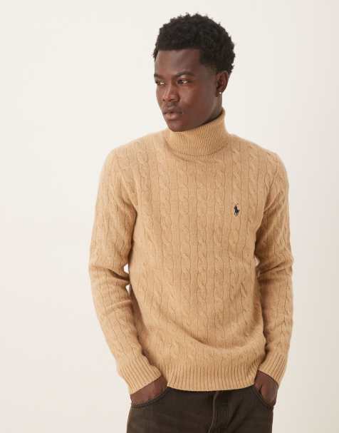 Polo Ralph Lauren – Kamelbrun, flätstickad tröja i ull med ikonlogga och halvpolokrage - view 1