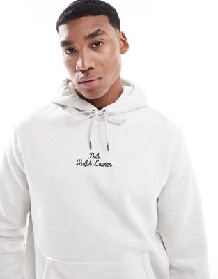 Polo Ralph Lauren – Kamiennobeżowa melanżowa bluza z kapturem z dzianiny o podwójnym splocie z logo na środku - view 1