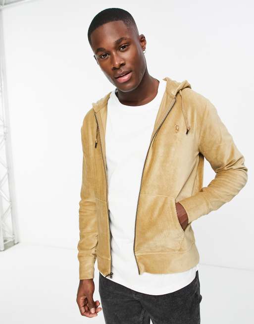 Polo Ralph Lauren – Kapuzenpullover aus Cord-Sweatstoff in Khaki-Hellbraun mit durchgehendem Reißverschluss und Polospieler-Logo
