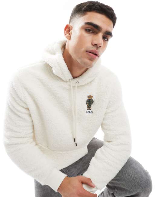Polo Ralph Lauren – Kapuzenpullover aus Teddyfell in Cremeweiß mit Bären-Logo