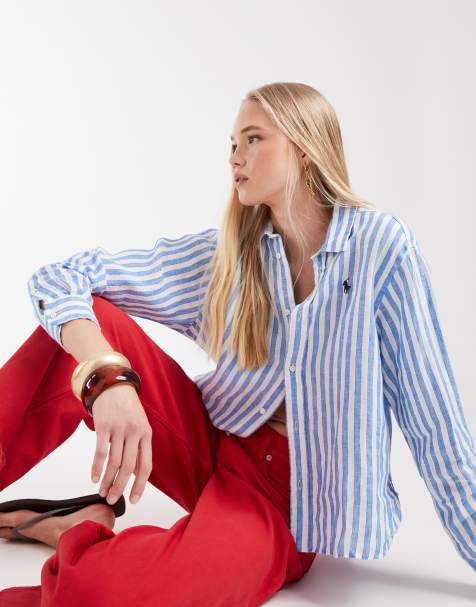 Polo Ralph Lauren – Kastiges Leinenhemd in Blau und Weiß gestreift mit Markenlogo - view 1