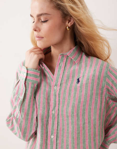 Polo Ralph Lauren – Kastiges Leinenhemd mit Streifen in Rot und Grün und Markenlogo - view 1