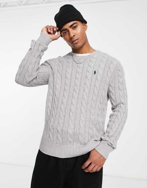 Polo Ralph Lauren - Katoenen kabeltrui met logo in gemêleerd grijs