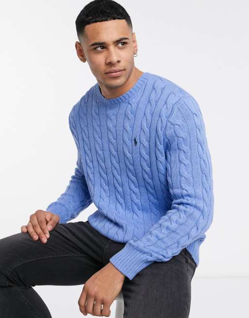 Polo Ralph Lauren - Katoenen kabeltrui met ronde hals in gemêleerd blauw met logo