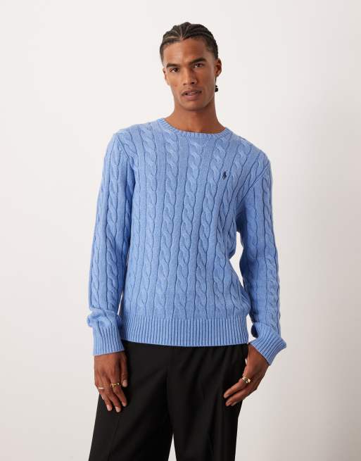 Polo Ralph Lauren - Katoenen kabeltrui met ronde hals in gemêleerd blauw met logo