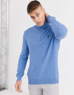 Polo Ralph Lauren - Katoenen trui met textuur en rits in gemêleerd blauw met logo