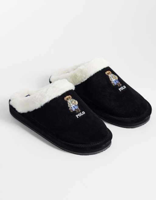 Polo Ralph Lauren Kayleigh bear print slippers in black, 2 of 4