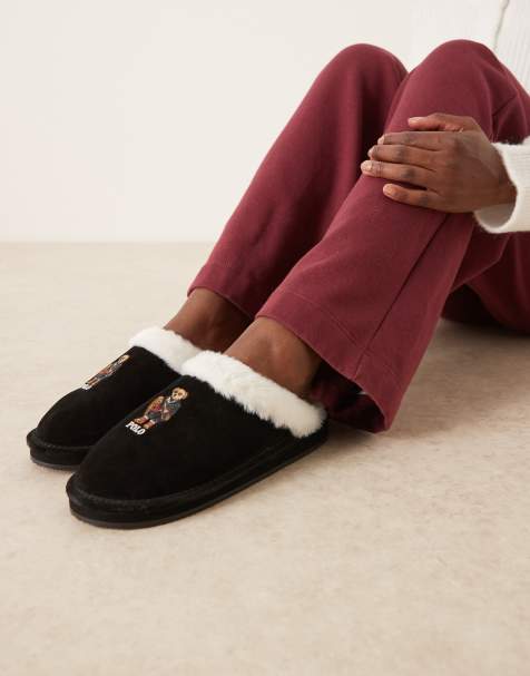 Polo Ralph Lauren - Kayleigh Scuff - Chaussons plats à motif ourson et revers - Noir - view 1