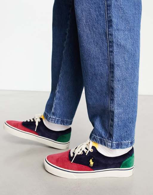 Polo Ralph Lauren – Keaton – Granatowe sztruksowe buty sportowe z blokami kolorów i logo z kucykiem