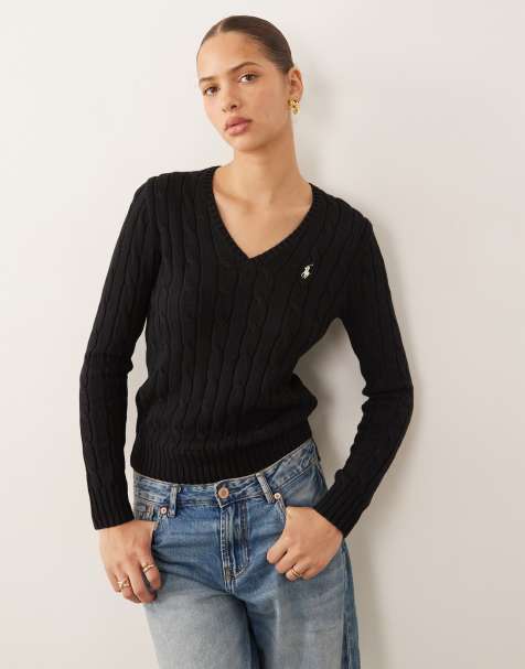 Polo Ralph Lauren – Kimberly – Czarny sweter z bawełnianej dzianiny o warkoczowym splocie z dekoltem w kształcie litery V i z logo - view 1