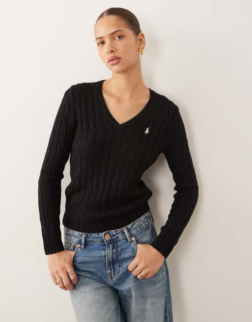 Polo Ralph Lauren - Kimberly - Gebreide katoenen trui met kabels, icoonlogo en V-hals in zwart