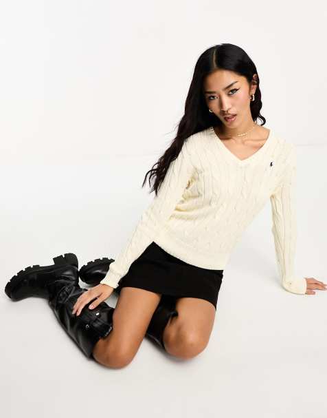 Polo Ralph Lauren Kimberly icon logo pima cotton cable knit v-neck jumper in cream - view 1