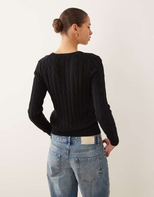 Polo Ralph Lauren - Kimberly - Pull en maille torsadée de coton à logo emblématique et col V - Noir, 3 de 4