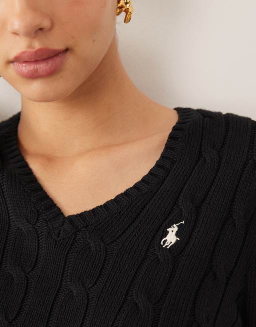 Polo Ralph Lauren - Kimberly - Pull en maille torsadée de coton à logo emblématique et col V - Noir, 4 de 4