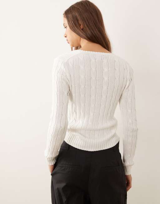 Polo Ralph Lauren – Kimberly – Strickpullover aus Baumwolle in Weiß mit Zopfmuster, V-Ausschnitt und Markenlogo, 3 von 4