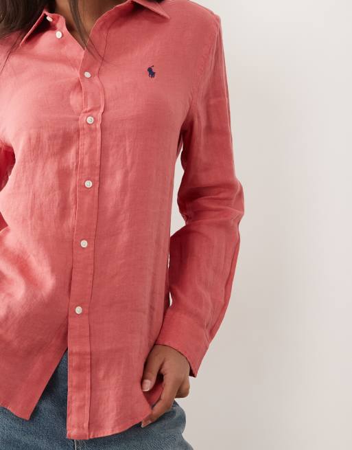 Polo Ralph Lauren – Klassisches, langärmliges Hemd aus Leinen in Rot mit Knopfleiste, 3 von 4