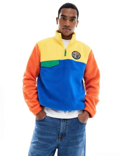 Polo Ralph Lauren – Klassisches Oversize-Sweatshirt in Gelb und anderen Farben aus Polyfleece mit kurzem Reißverschluss und Vintage-Farbblockdesign