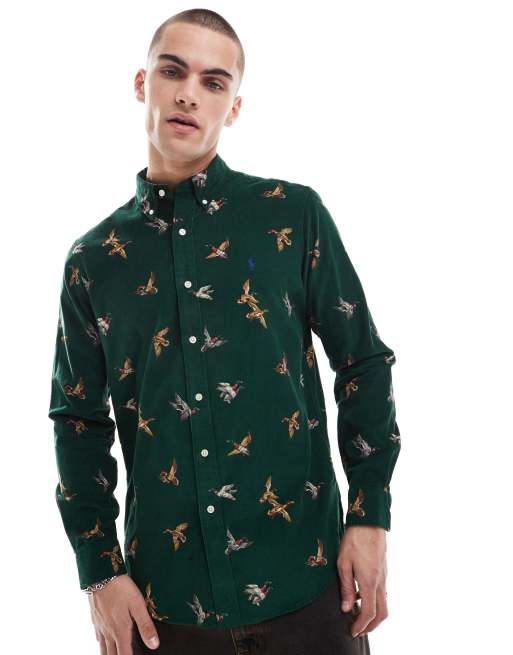 Polo Ralph Lauren – Klasyczna sztruksowa koszula oversize w ciemnozielonym kolorze ze wzorem i logo