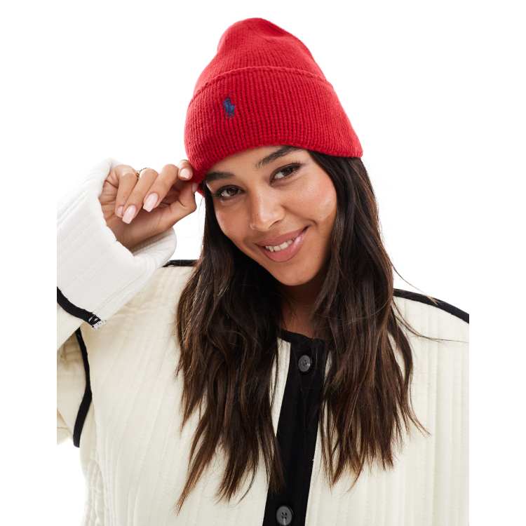 Polo Ralph Lauren knit beanie hat with pony logo in red ASOS