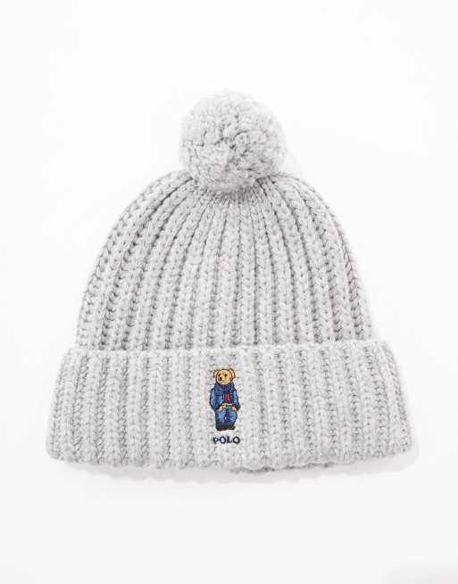 Polo Ralph Lauren knit bobble hat with bear logo in grey, 2 of 4