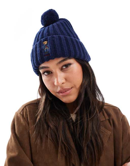 Polo Ralph Lauren knit bobble hat with bear logo in navy, 2 of 4