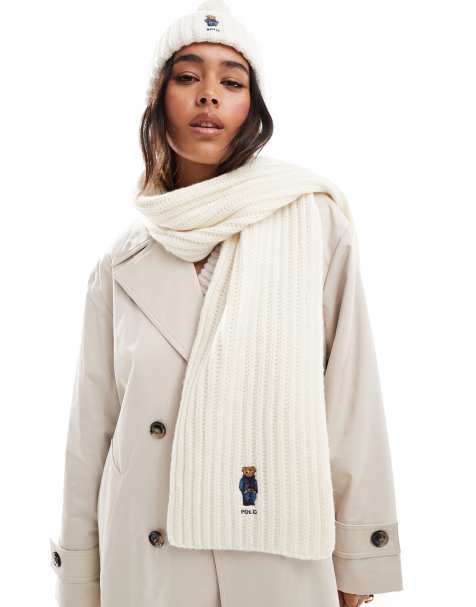 Polo Ralph Lauren knit scarf with bear logo in cream - view 1