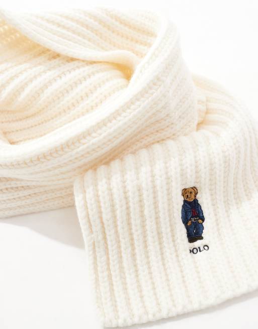 【関税&送料込】Polo Ralph Lauren Polo Bear Scarf In Cream W Polo Bear Aran-Knit Wool-Blend Scarf