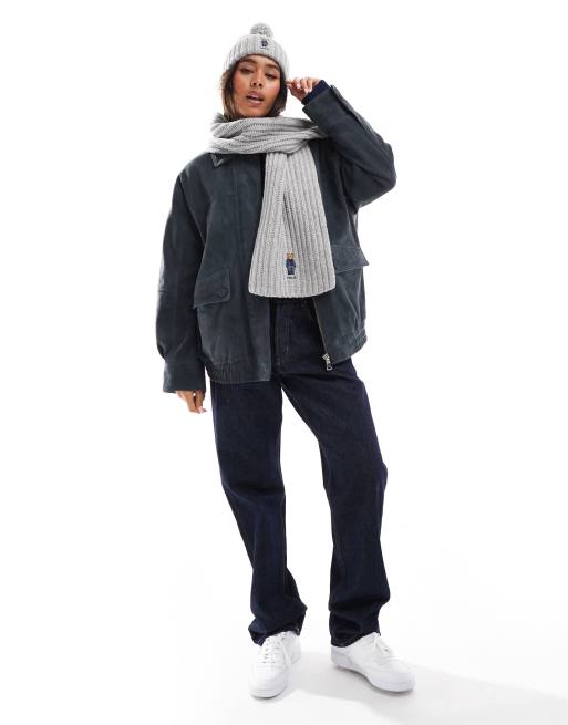 Polo Ralph Lauren knit scarf with bear logo in grey, 4 of 4