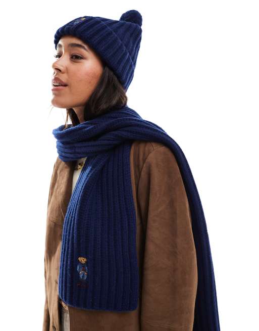 Polo Ralph Lauren knit scarf with bear logo in navy, 4 of 4
