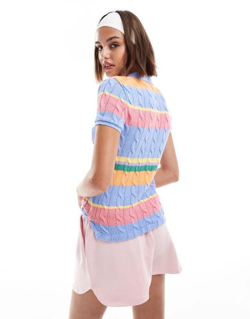 Polo Ralph Lauren knitted cable polo shirt in multi stripe with logo, 3 of 4