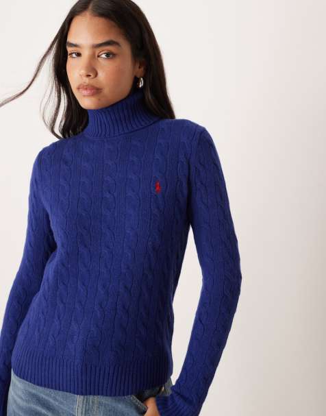 Polo Ralph Lauren knitted cable roll neck jumper with logo in navy