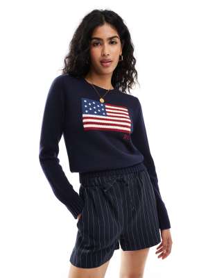 Polo Ralph Lauren Women's Navy Knitted Jumper With Flag Logo In
