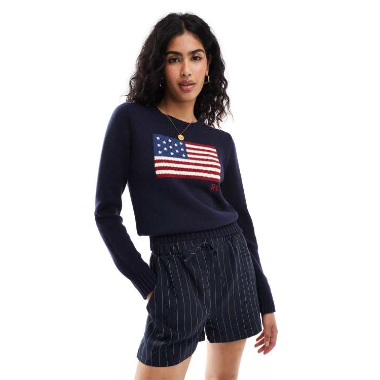 Polo Ralph Lauren knitted jumper with flag logo in navy ASOS