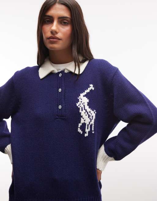 Polo Ralph Lauren knitted large pony rugby in navy, 2 of 4