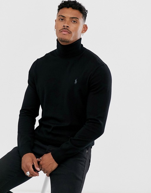 Polo Ralph Lauren knitted roll neck jumper in black with player logo