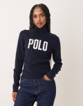[Polo Ralph Lauren] Polo Ralph Lauren knitted roll neck logo jumper in navy S Hunter navy