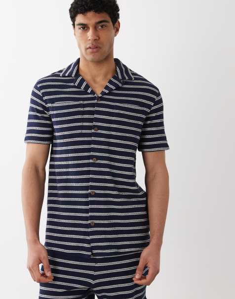 Polo Ralph Lauren knitted striped short sleeve shirt in navy and cream - view 1
