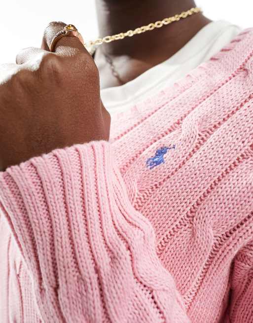 Polo Ralph Lauren knitted v neck cable jumper with logo in pink ASOS