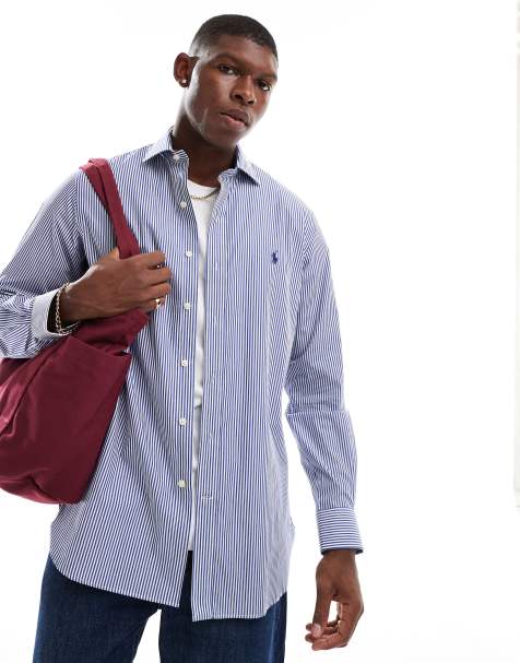 Polo Ralph Lauren - Kongeblå-/hvid-stribet jakkesætsskjorte i poplin med ikonlogo og estate-krave - view 1