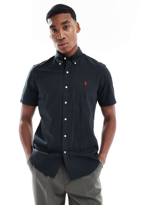 Polo Ralph Lauren - Kortærmet og sort poplin-skjorte med figursyet pasform og ikonlogo