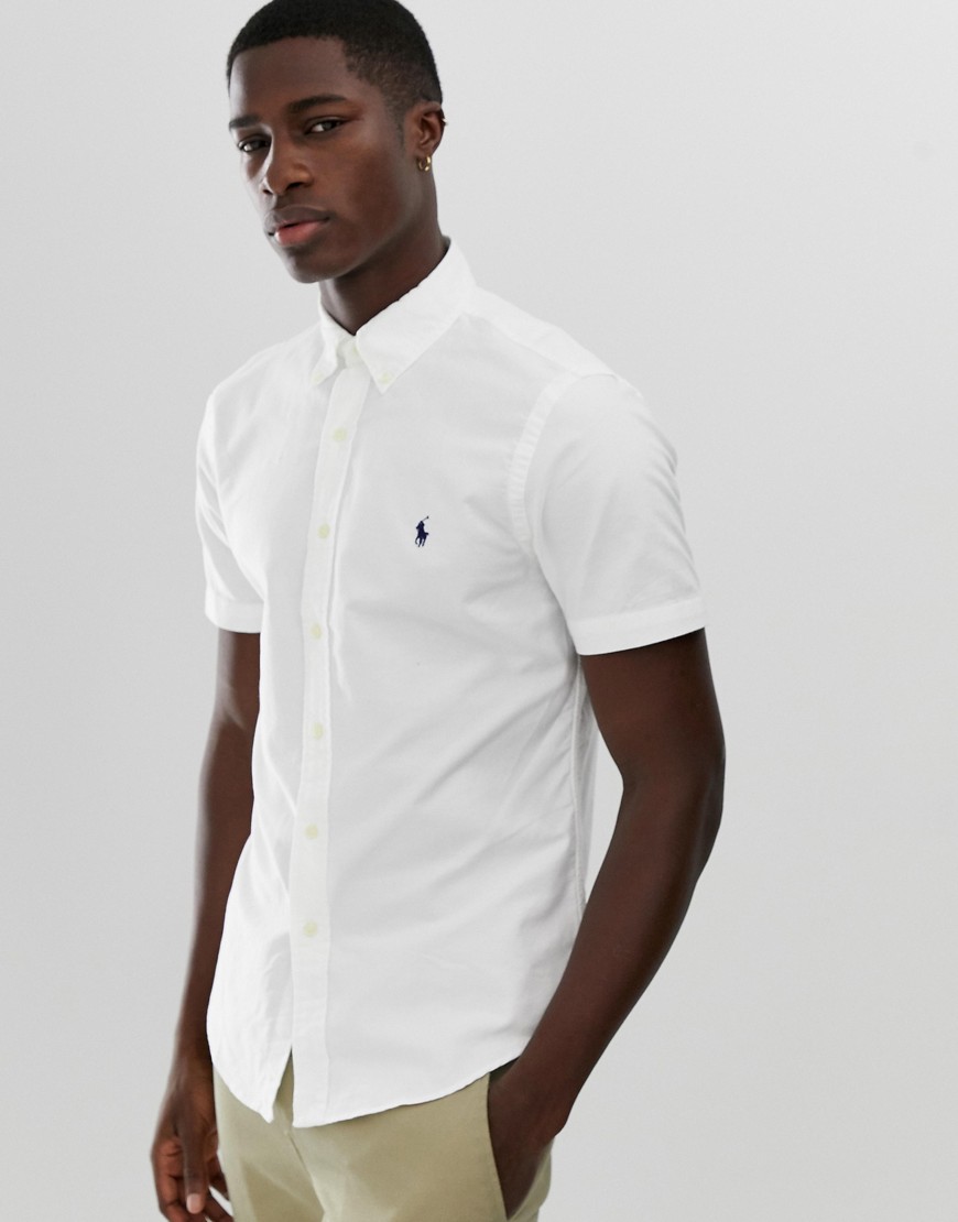 Polo Ralph Lauren kortærmet slimfit farvet skjorte med knapkrave i hvid