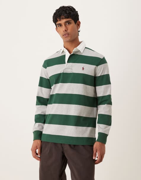 Polo Ralph Lauren – Koszulka polo oversize w stylu rugby w szerokie paski w kolorze ciemnozielonym i szarym melanżowym z logo - view 1