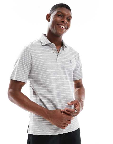 Polo Ralph Lauren icon logo stripe pima cotton polo in grey marl/white