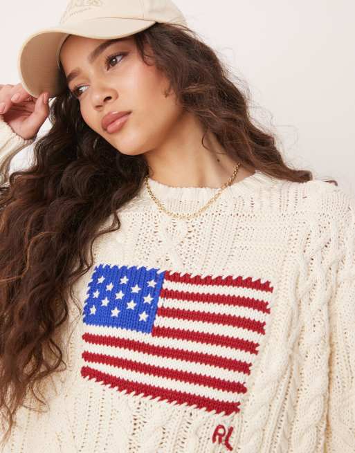 Polo Ralph Lauren – Krämvit, kabelstickad tröja med flagglogga, 2 av 4