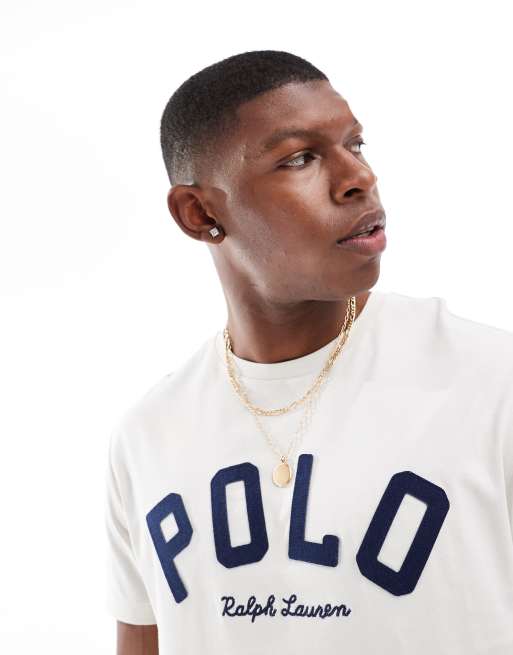Polo Ralph Lauren – Krämvitt, klassisk t-shirt i oversize med collegelogga