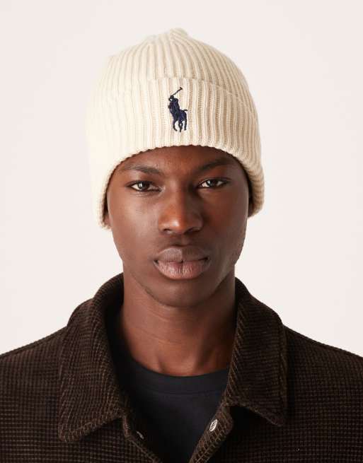 Polo Ralph Lauren – Kremowa czapka beanie z dzianiny bawełnianej z logo