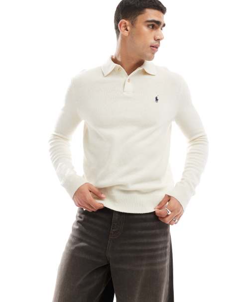 Polo Ralph Lauren icon logo wool cotton knit long sleeve polo in cream
